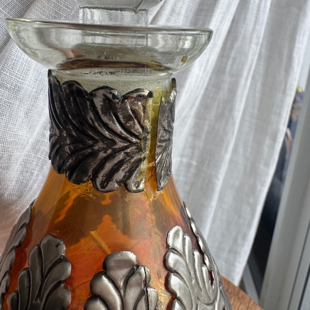 Vintage German Amber Iridescent Decanter Ornate Silver Metal Overlay 9.5" - Picture 5 of 9